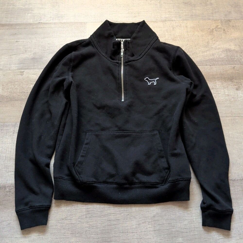 ​Victoria Secret PINK Black Quarter Zip Hoodie Women’s Medium Spellout Dog Logo